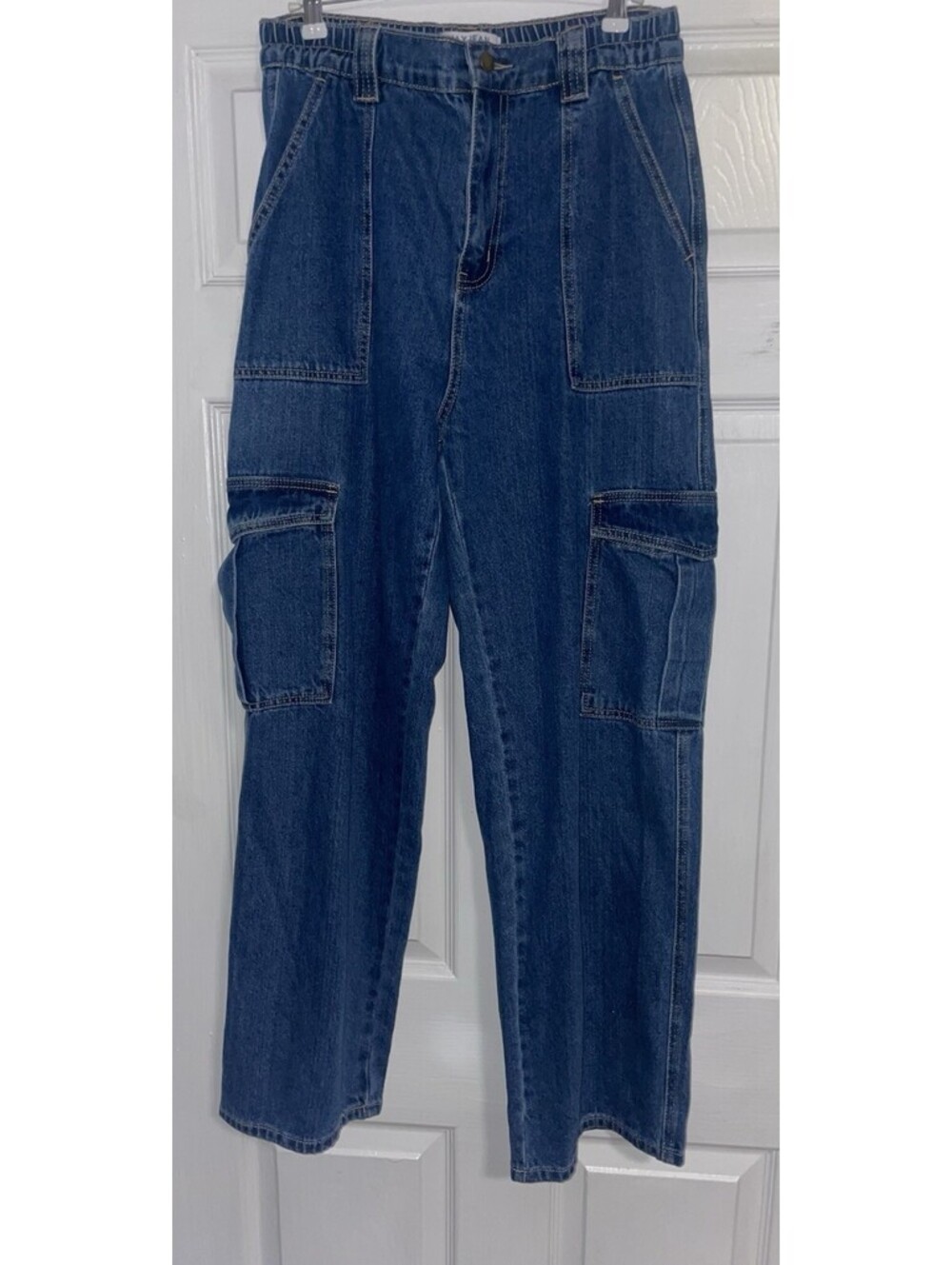 WAX JEAN Women’s Wide-Leg Blue Medium Wash Denim Cargo Jeans Pockets L